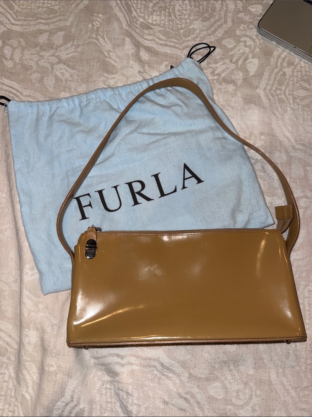 Furla Patent Tan Shoulder Bag with Adjustable Strap